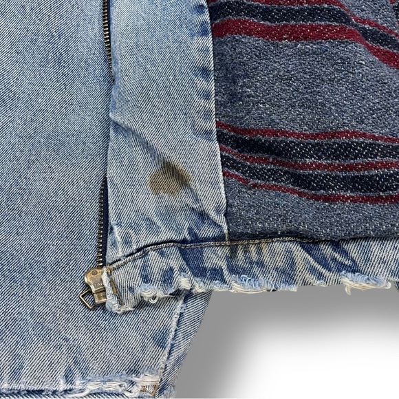 Woolrich 90s Denim Work Jacket Men's L Leather Collar Blanket Lined Distressed - Picture 15 of 16